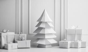 A white Christmas tree is in the middle of a room with many white boxes photo
