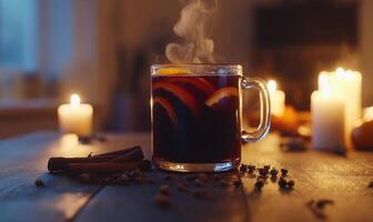 A mug of hot chocolate with a cinnamon stick in it photo