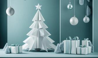 A white paper tree is on a table with a bunch of Christmas decorations photo