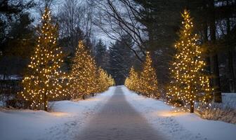A path with two lit up Christmas trees photo
