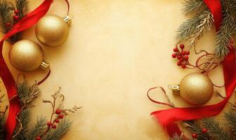 A gold and red ribbon is wrapped around three gold and red Christmas ornaments photo