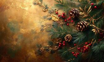 A gold background with a tree with red berries and pine cones photo