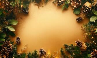 A gold background with a frame of pine cones photo