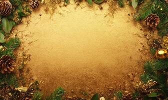 A gold background with pine cones and green leaves photo
