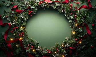 A wreath of evergreen branches with red ribbon photo