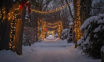 A walkway with lights and trees covered in snow photo