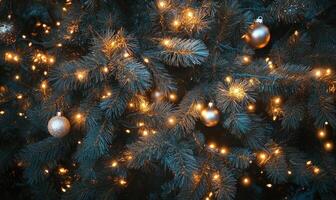 A tree with lights on it and a gold ornament hanging from it photo