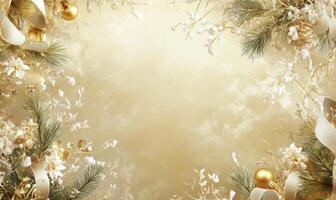 A white background with a gold border and a gold and white Christmas tree photo