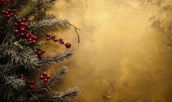 A Christmas tree with red berries and a gold background photo