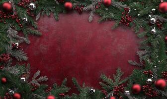 A red background with a green wreath of evergreen branches photo