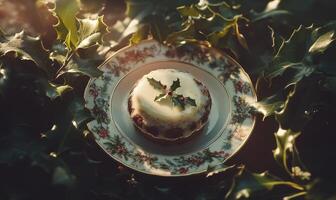 A small cake with a holly leaf on top of it photo