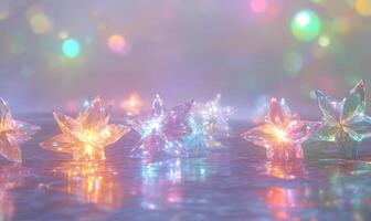 A group of colorful stars are floating in the water photo