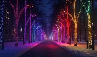 A long walkway with many trees lit up in different colors photo