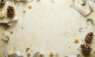 A white background with a gold ribbon and a bunch of pine cones and stars photo