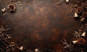 A brown background with a frame of bells and pine cones photo