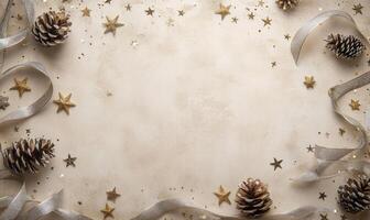 A white background with a ribbon and a bunch of pine cones and stars photo