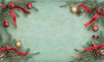 A green background with red ribbons and gold and red ornaments photo