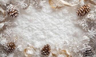 A white background with a frame of pine cones and snow photo