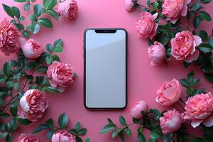 Modern Smartphone with Pink Blooms - Perfect for Spring Design and Tech photo