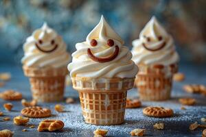 Smiling Ice Cream Cones with Waffle Cookies and Sugar Dust for Dessert Concept photo