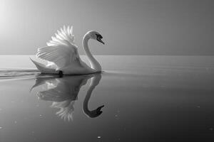 Graceful Swan on Serene Lake with Reflective Water in Misty Morning Light photo