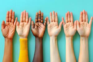 Diverse Hands Raised in Unity on a Turquoise Background for Inclusivity and Equality photo