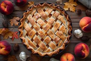 Rustic Autumn Peach Pie with Lattice Crust and Seasonal Decor photo