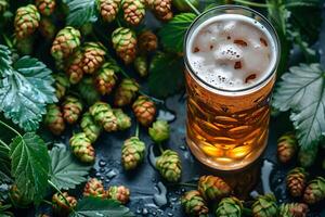 Craft Beer Brewing with Fresh Hops and Amber Ale in Rustic Setting for Artisan Beverage Designs photo