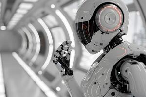 Futuristic Robot in Advanced Space Station Corridor for Sci-Fi and Technology Themes photo
