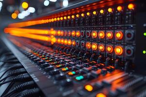 High-Tech Audio Mixing Console with Vibrant LED Indicators for Studio Production photo