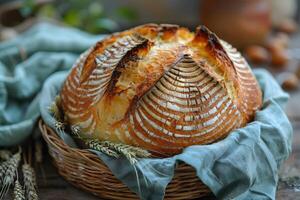 Artisan Sourdough Bread in Rustic Basket with Wheat and Linen Cloth photo