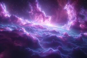 Ethereal Cosmic Landscape with Vivid Nebula Clouds and Starry Sky photo