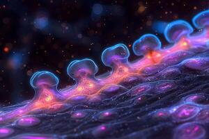 Futuristic Bioluminescent Landscape with Neon Abstract Patterns photo
