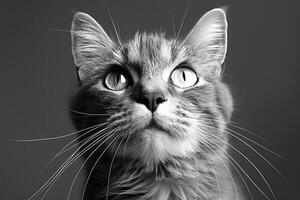 Close-up Portrait of a Curious Cat with Striking Whiskers on a Gray Background photo