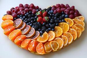 Heart-Shaped Fruit Arrangement with Oranges, Berries, and Citrus for Healthy Lifestyle Concept photo