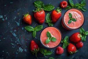 Refreshing Strawberry Raspberry Smoothie with Fresh Mint Leaves on Dark Rustic Background photo
