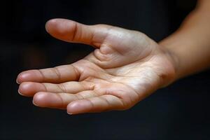 Open Hand Gesture on Dark Background for Support, Help, and Giving Concepts photo