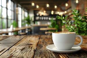 Cozy Cafe Ambiance with Cappuccino on Rustic Wooden Table for Relaxation and Design Inspiration photo