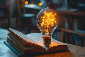 Illuminated Light Bulb on Open Book in Cozy Library Setting photo