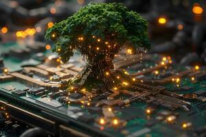 Futuristic Technology Concept Tree of Life on Electronic Circuit Board for Innovation and Eco-Friendly Design photo