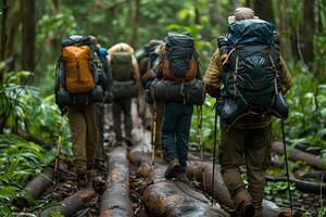 Adventure Trekking Expedition in Dense Jungle with Backpackers on a Trail photo