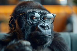 Intellectual Gorilla with Glasses in a Thoughtful Pose for Creative Designs photo