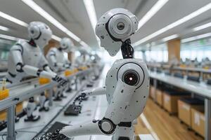 Futuristic Robotics Laboratory with Advanced AI Robots Working in Synchrony photo