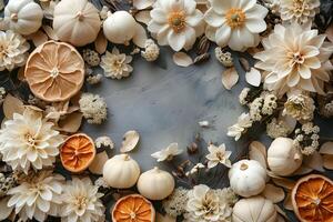 Vintage Autumn Floral Wreath with Pumpkins and Dried Oranges for Seasonal Decor photo