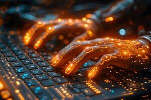 Futuristic Cyber Technology Robotic Hands with Digital Interface Typing on Keyboard photo