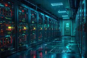 Futuristic Data Center Secure Server Room with Advanced Technology and Neon Lights photo