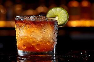 Refreshing Cocktail with Lime Garnish on a Dimly Lit Bar Counter photo