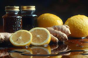 Fresh Lemon and Ginger with Honey in Rustic Setting for Culinary and Health Inspiration photo