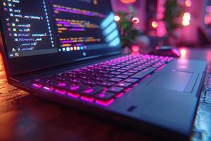 Futuristic Cybersecurity Concept with Coding on a Neon-Lit Laptop in a Tech Environment photo