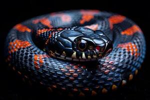 Vibrant Black and Orange Snake Coiled Elegantly on Dark Background for Nature and Wildlife Themes photo